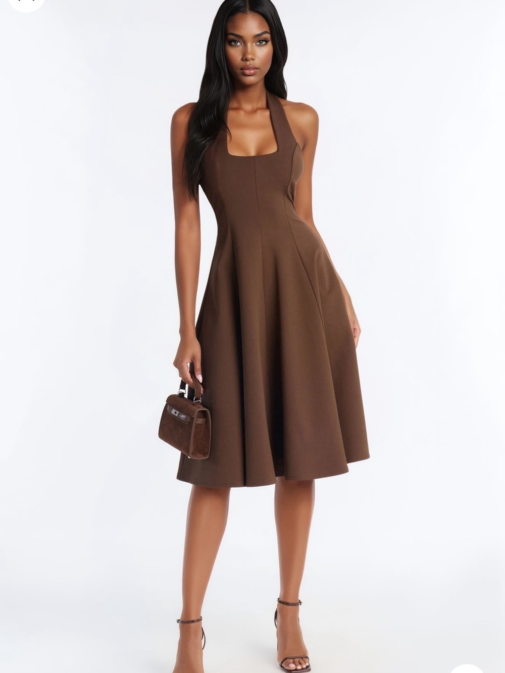 Fashion Nova Brown Halter A-Line Midi Skirt Dress